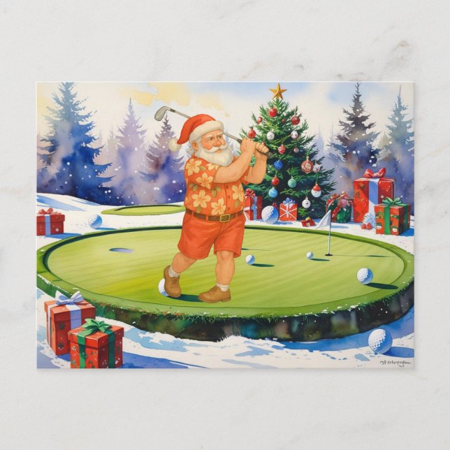 Cartão Postal De Festividades Papai Noel está jogando golfe em verde (Frente)