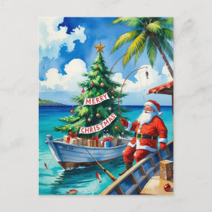Cartão Postal De Festividades Papai Noel está pescando no feriado de Natal