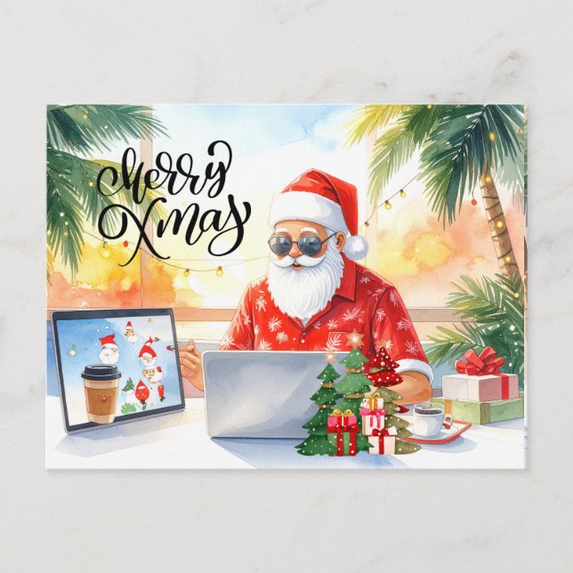 Cartão Postal De Festividades Papai Noel está trabalhando em uma linha direta pa (Frente)
