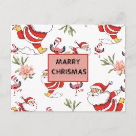 Cartão Postal De Festividades Papai Noel Festivo, Flamingo e Padrão Floral Rosa