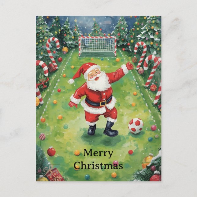Cartão Postal De Festividades Papai Noel joga Futebol Natal Férias  (Frente)
