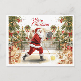 Cartão Postal De Festividades Papai Noel Jogando Pickleball em uma Festa de Nata
