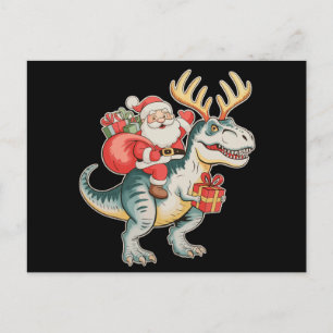 Cartão Postal De Festividades Papai Noel montado em dinossauro T-Rex Natal Festa