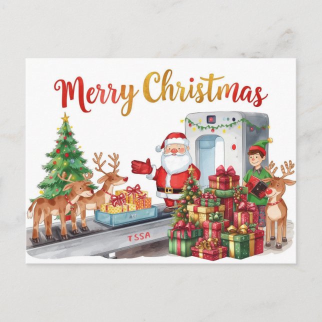 Cartão Postal De Festividades Papai Noel no aeroporto (Frente)