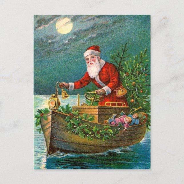 Cartão Postal De Festividades Papai Noel no Barco (Frente)