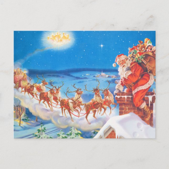 Cartão Postal De Festividades Papai Noel No Telhado Na Véspera De Natal (Frente)