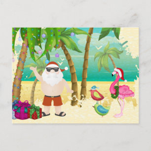 Cartão Postal De Festividades Papai noel, pássaros tropicais, Natal da praia das