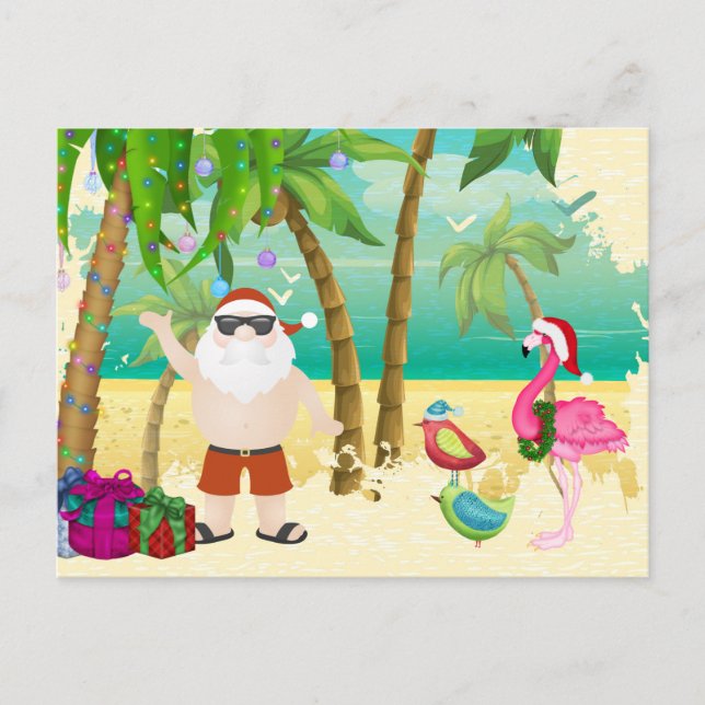 Cartão Postal De Festividades Papai noel, pássaros tropicais, Natal da praia das (Frente)