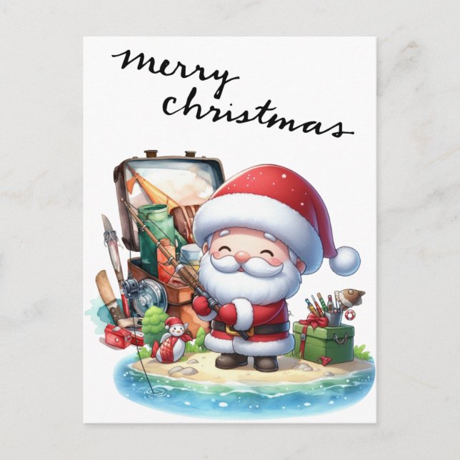 Cartão Postal De Festividades Papai Noel pescando no dia de Natal (Frente)
