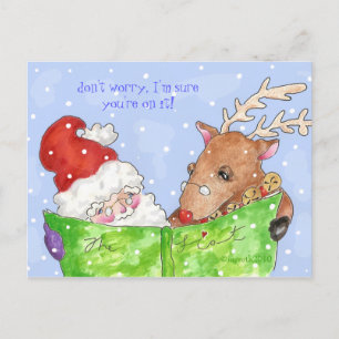 Cartão Postal De Festividades papai noel, rudolf e a lista