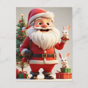 Cartão Postal De Festividades Papai Noel segurando presente com coelhos