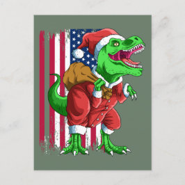 Cartão Postal De Festividades Papai Noel Verde de Natal T-Rex Tyrannosaurus Xmas