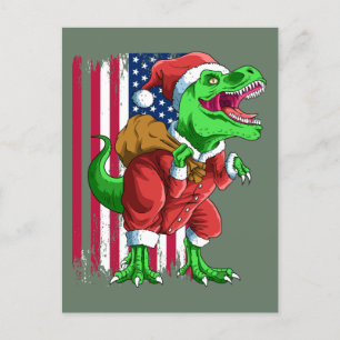 Cartão Postal De Festividades Papai Noel Verde de Natal T-Rex Tyrannosaurus Xmas