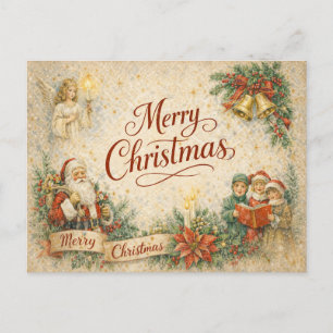 Cartão Postal De Festividades Papai Noel Vintage Anjo e Carolas Feliz Natal