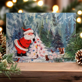 Cartão Postal De Festividades Papai Noel Vintage e Animais da Floresta Fofa Retr