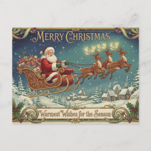 Cartão Postal De Festividades Papai Noel Vintage e Trenó de Rena