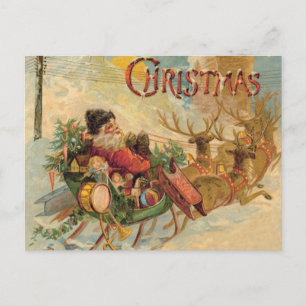 Cartão Postal De Festividades Papai Noel vintage em seu trenó de rena