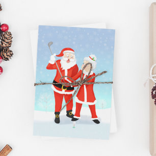 Cartão Postal De Festividades Papais noeis Ajudando A Sra. Claus Com Seu Golfe S