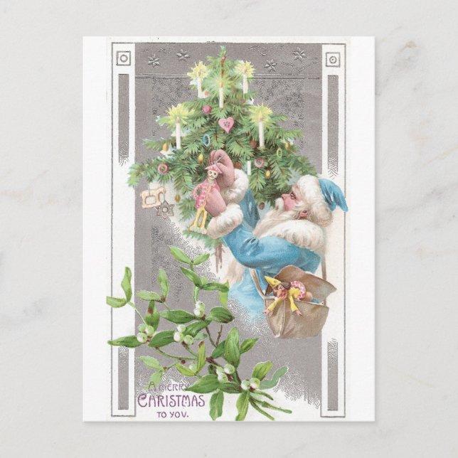 Cartão Postal De Festividades Papais noeis Antigos no Casaco Azul com Árvore Xma (Frente)