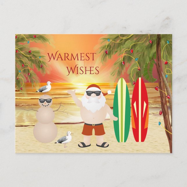 Cartão Postal De Festividades Papais noeis bonitos e surfboards Praia no Natal (Frente)