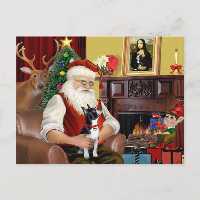 Cartão Postal De Festividades Papais noeis Boston Terrier (Frente)