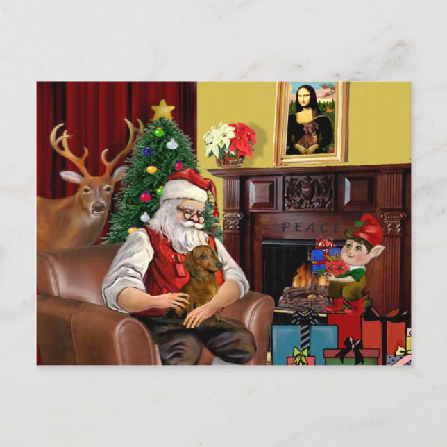 Cartão Postal De Festividades Papais noeis Brown/Red Dachshund (Frente)