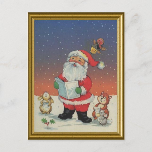 Cartão Postal De Festividades Papais noeis, canções com os animais (Frente)