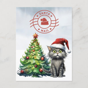 Cartão Postal De Festividades Papais noeis Cat Mail com Árvore de Natal