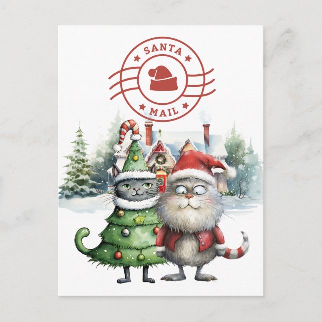 Cartão Postal De Festividades Papais noeis Cat Mail com Árvore de Natal (Frente)