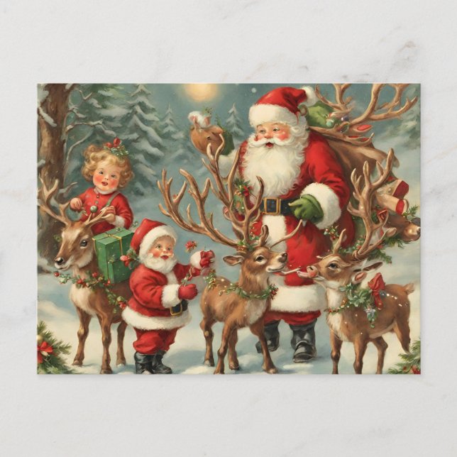 Cartão Postal De Festividades Papais noeis com crianças, renas e presentes (Frente)