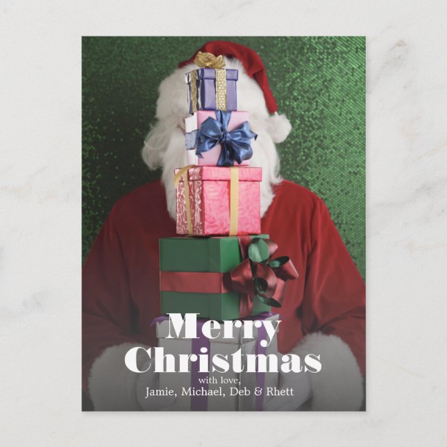 Cartão Postal De Festividades Papais noeis com pilha de presentes (Frente)