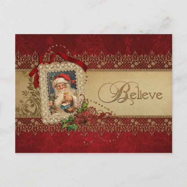 Cartão Postal De Festividades Papais noeis com Poinsettia e Dourado Lace (Frente)