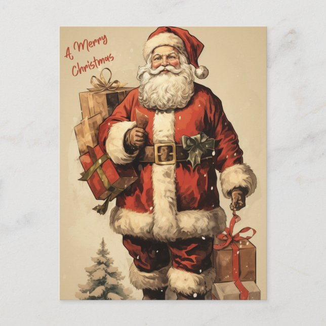 Cartão Postal De Festividades Papais noeis com presentes de Natal (Frente)