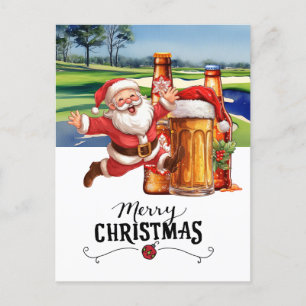 Cartão Postal De Festividades Papais noeis de Golfe e Cerveja no Natal Engraçado