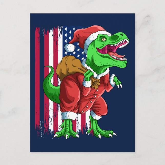 Cartão Postal De Festividades Papais noeis de Natal Azuis Engraçados TRex Tyrann (Frente)