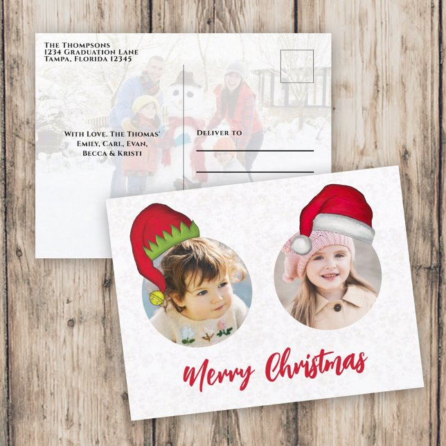 Cartão Postal De Festividades Papais noeis de Natal bonitos Elf Engraçados Image (Merry Christmas holiday two photo postcard template with circle photo template. )