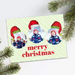 Cartão Postal De Festividades Papais noeis De Natal Bonitos Elf Engraçados Quadr<br><div class="desc">Este design apresenta um Feliz Natal,  cartão postal multifoto,  com vermelho e verde,  um estilo de tipografia giro e ousado,  com um simples minimalista,  Papai Noel e elfos de elfos,  o polo norte,  um cartão postal de feriado favorável ao orçamento</div>