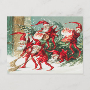 Cartão Postal De Festividades Papais noeis de Natal elfos varrendo neve Feriado