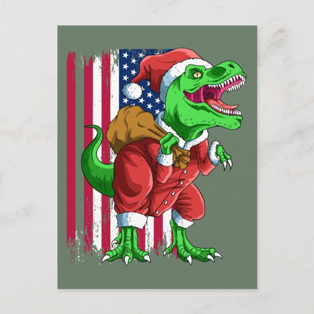 Cartão Postal De Festividades Papais noeis de Natal Verdes Bons TRex Tyrannosaur (Frente)