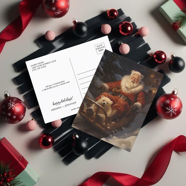 Cartão Postal De Festividades Papais noeis de neve e ursos brancos bonitos (Vintage Santa in snow and cute white bear Holiday Postcard)