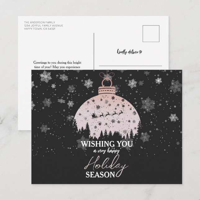 Cartão Postal De Festividades Papais noeis de Ornamento Dourado da Rosa de Natal (Frente/Verso)