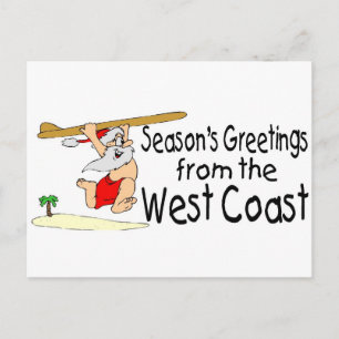 Cartão Postal De Festividades Papais noeis de surfe na Costa Oeste
