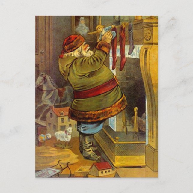 Cartão Postal De Festividades Papais noeis de vindima recheados de madeira rusti (Frente)