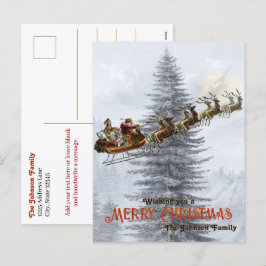 Cartão Postal De Festividades Papais noeis de Vintage em Sleigh com Reindeer no 