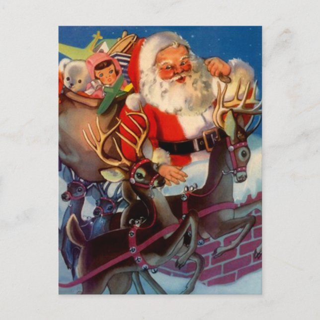 Cartão Postal De Festividades Papais noeis e brinquedos para dormir de renas cha (Frente)