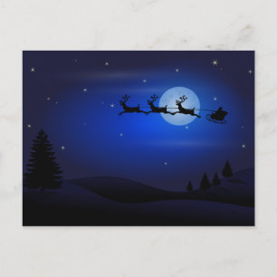 Cartão Postal De Festividades Papais noeis e Reindeer Silhouette contra Lua Chei