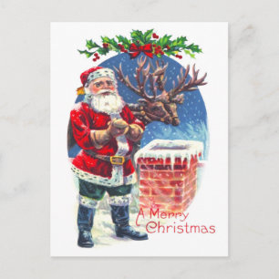 Cartão Postal De Festividades Papais noeis e renas ao lado da chaminé