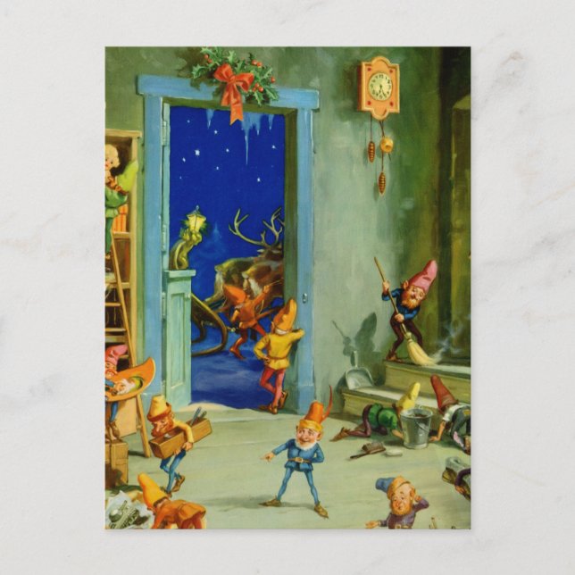 Cartão Postal De Festividades Papais noeis Elves trabalhando em sua oficina do P (Frente)