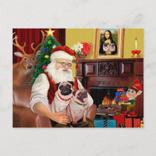 Cartão Postal De Festividades Papais noeis em casa - Pugs (dois)