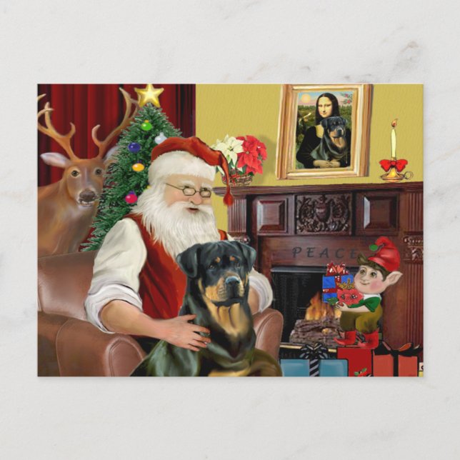 Cartão Postal De Festividades Papais noeis Em Casa - Rottweiler 3 (Frente)